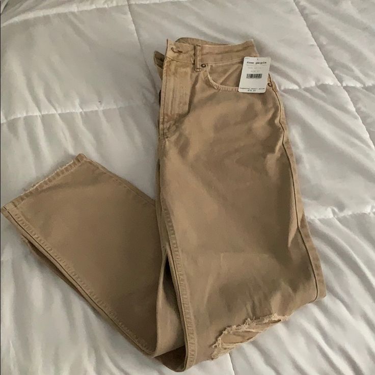 Brand New Beige Jeans From Free People Never Worn Nwt. Rip In The Knee Baggy Neutral Jeans, Printed Bell Bottoms, Beige Jeans, Jeans Beige, Frayed Hem Jeans, Free People Jeans, Distressed Denim Jeans, Cropped Flares, Denim Leggings