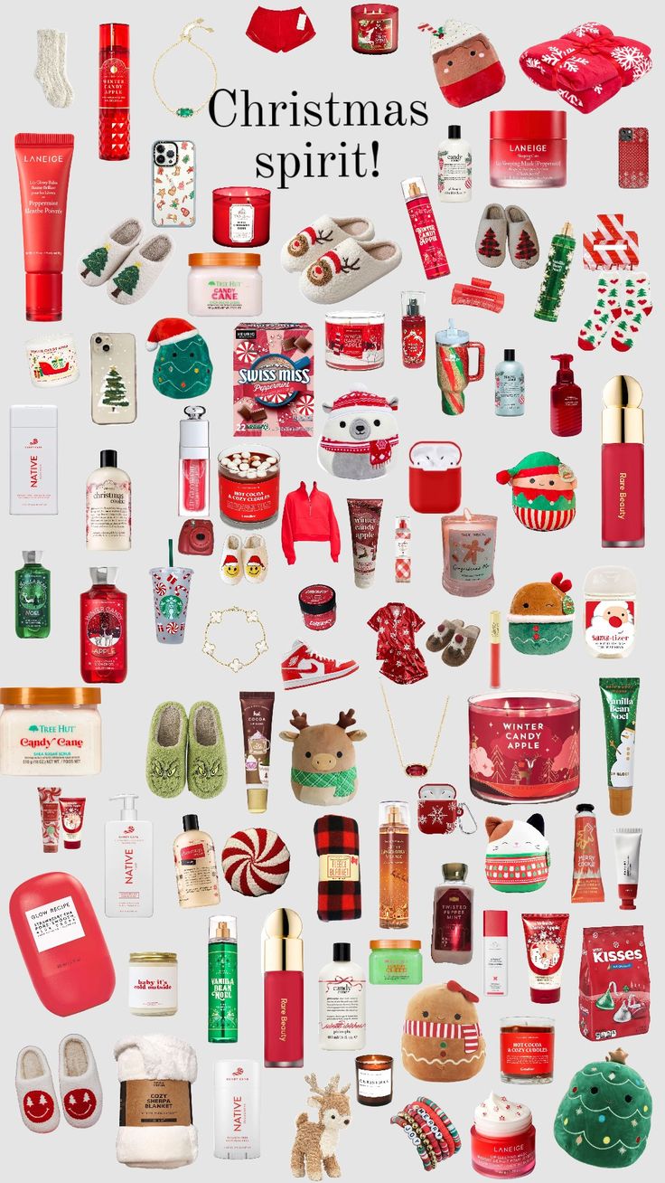 the christmas spirit poster is displayed with many different items in red, green and white