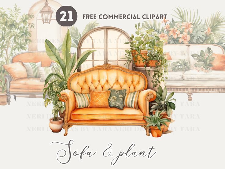 an image of a couch with plants on it and the text free commercial clipart