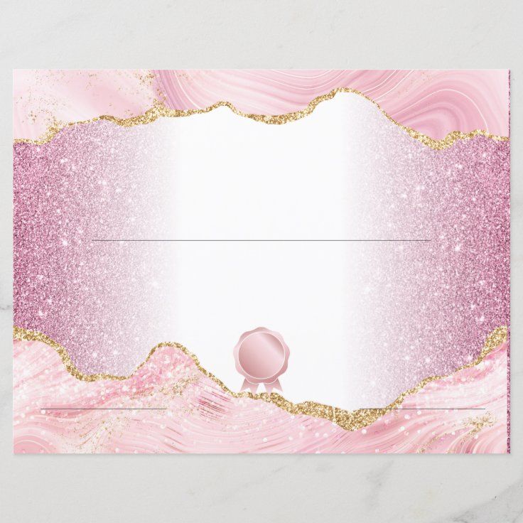 a pink and gold card with a pig on it