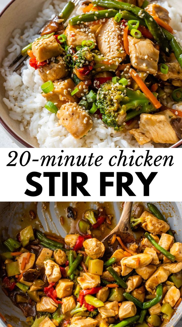 chicken stir fry in a pan with rice and vegetables on the side, then topped with sesame seeds