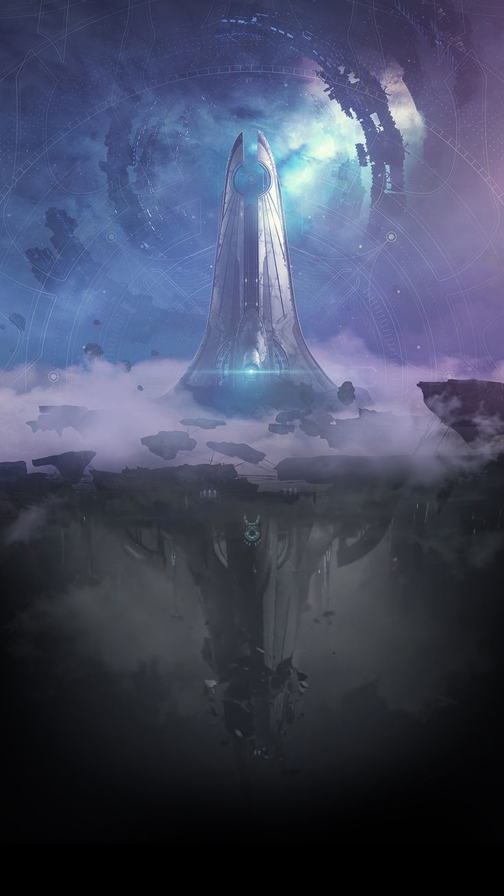 a futuristic space ship floating in the sky with clouds and stars around it, surrounded by an alien like structure