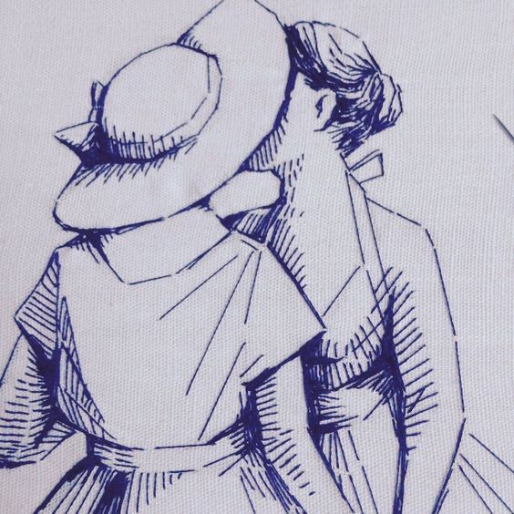 a drawing of a woman with a hat on her head looking at something in the distance