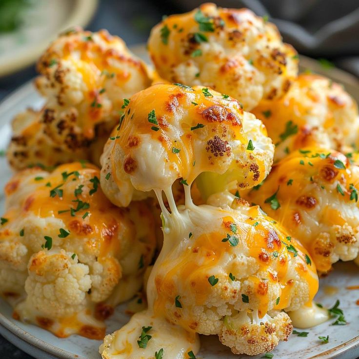 a white plate topped with cauliflower covered in cheese