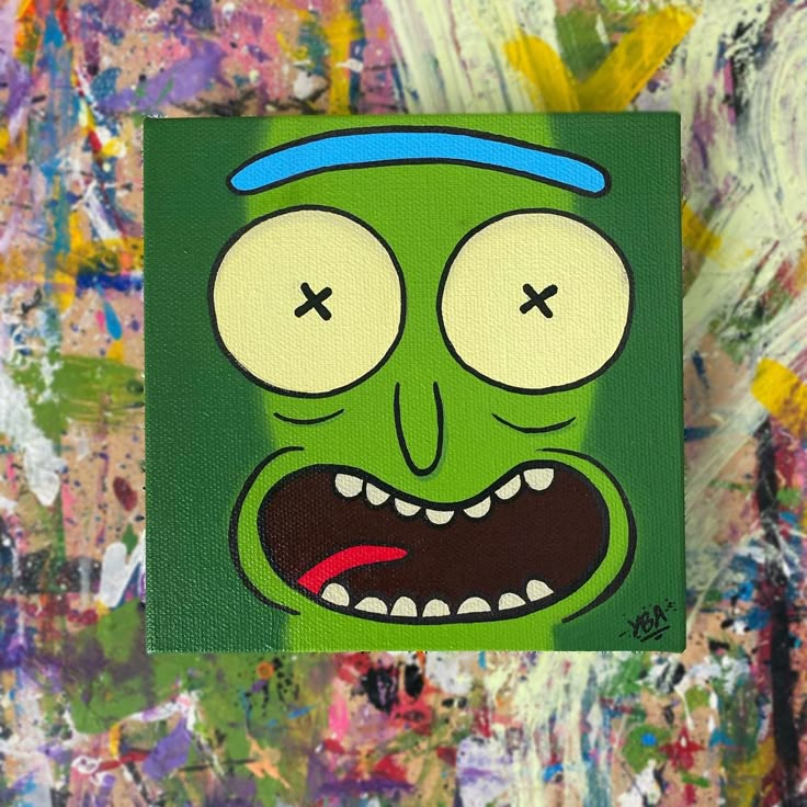 a painting of a cartoon character with eyes and mouth