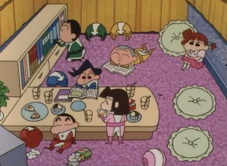 an animated image of people in a living room with purple carpet and rugs on the floor