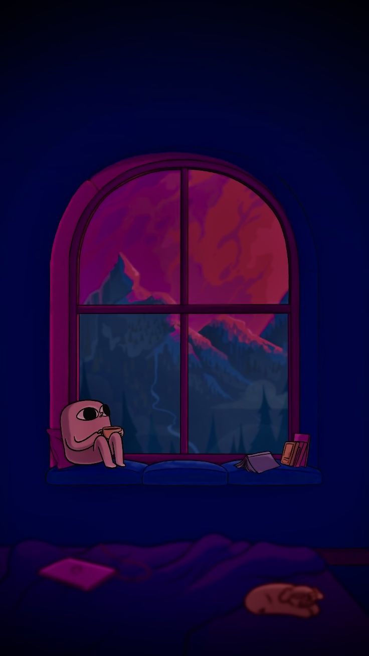 a cartoon character sitting on a window sill in front of a mountain view at night