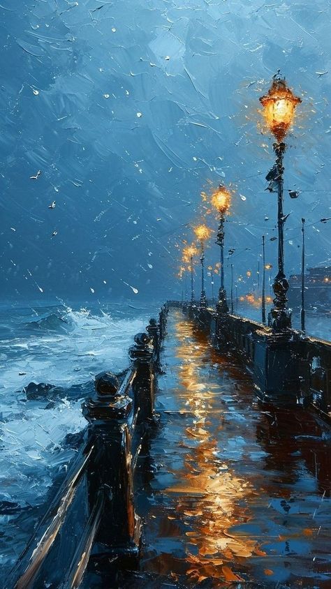 a painting of a street light on a rainy day by the ocean with waves crashing