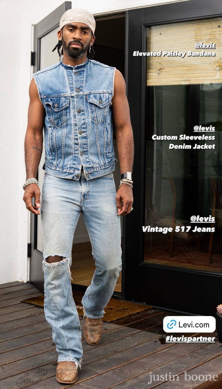 Men’s Denim Outfit, Western Outfits Mens, Cowboy Streetwear, Urban Cowboy Style, Jean Vest Outfits, Denim Photography, Cowboy Outfit For Men, Denim Shirt Outfit, Denim Outfit Men