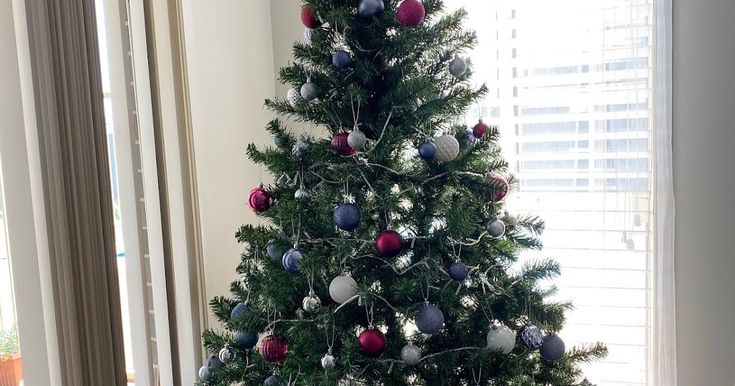 a decorated christmas tree in front of a window