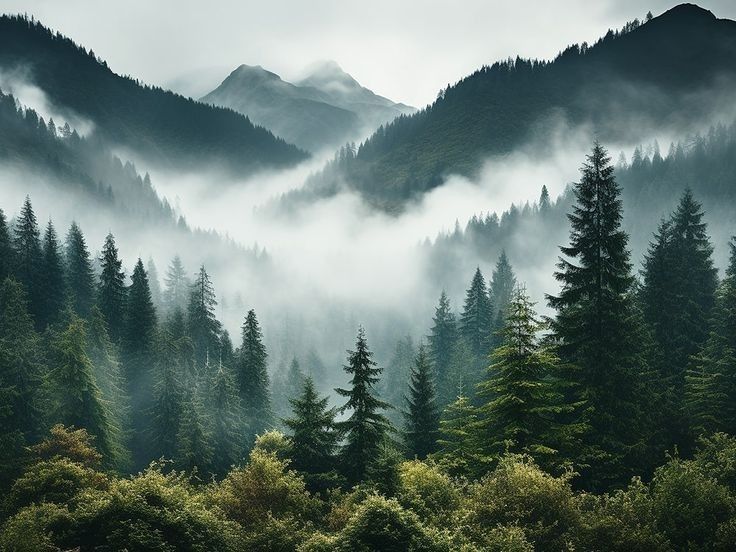 the mountains are covered in fog and trees