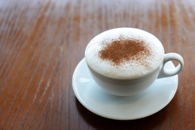 a cappuccino with cinnamon sprinkles sits on a saucer