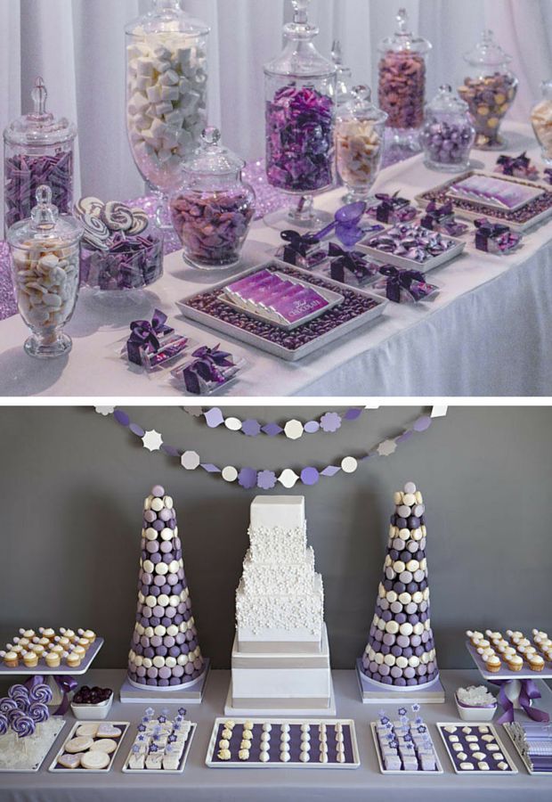 the table is set up with purple and white desserts, candy bars, and candies