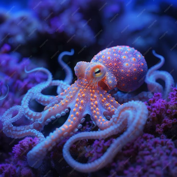 an orange and white octopus on purple corals in the ocean with blue light coming from it's eyes