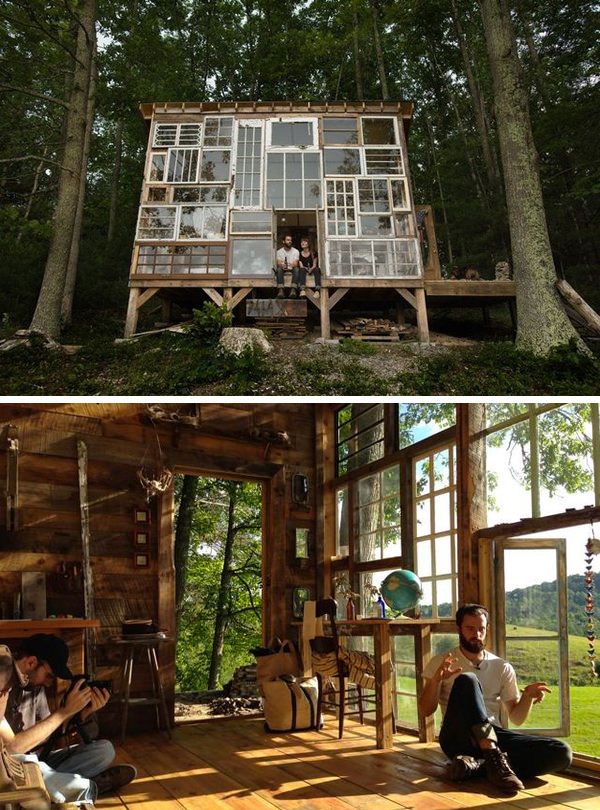 two pictures with people sitting on the floor in front of a tree house and one is inside