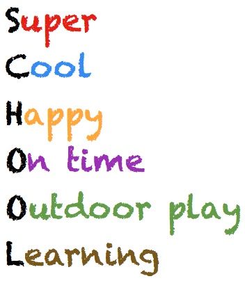 the words super cool happy on time outdoor play learning are written in different font styles