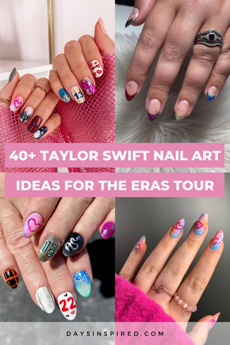 The Eras Tour is the perfect opportunity to celebrate Taylor’s iconic discography and showcase your love for her music. And what better way to make a stylish statement than with Taylor Swift-inspired nail designs that capture the essence of each era? From the enchanting whimsy of “Lover” to the introspective depth of “Folklore,” we’ve curated a collection of over 40 nail designs that are guaranteed to elevate your Eras Tour experience. Taylor Swift Era Nail Ideas, Taylor Swift Lover Nails French Tip, Taylor Swift Nail Art Lover, Era Tour Nail Ideas, Eras Inspired Nails, Lover Taylor Swift Nail Designs, Lover Era Nails Taylor Swift, Nail Art Taylor Swift Eras Tour, Taylor Swift Albums Nails