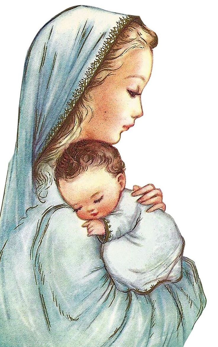 a woman holding a baby in her arms and wearing a blue shawl over her head