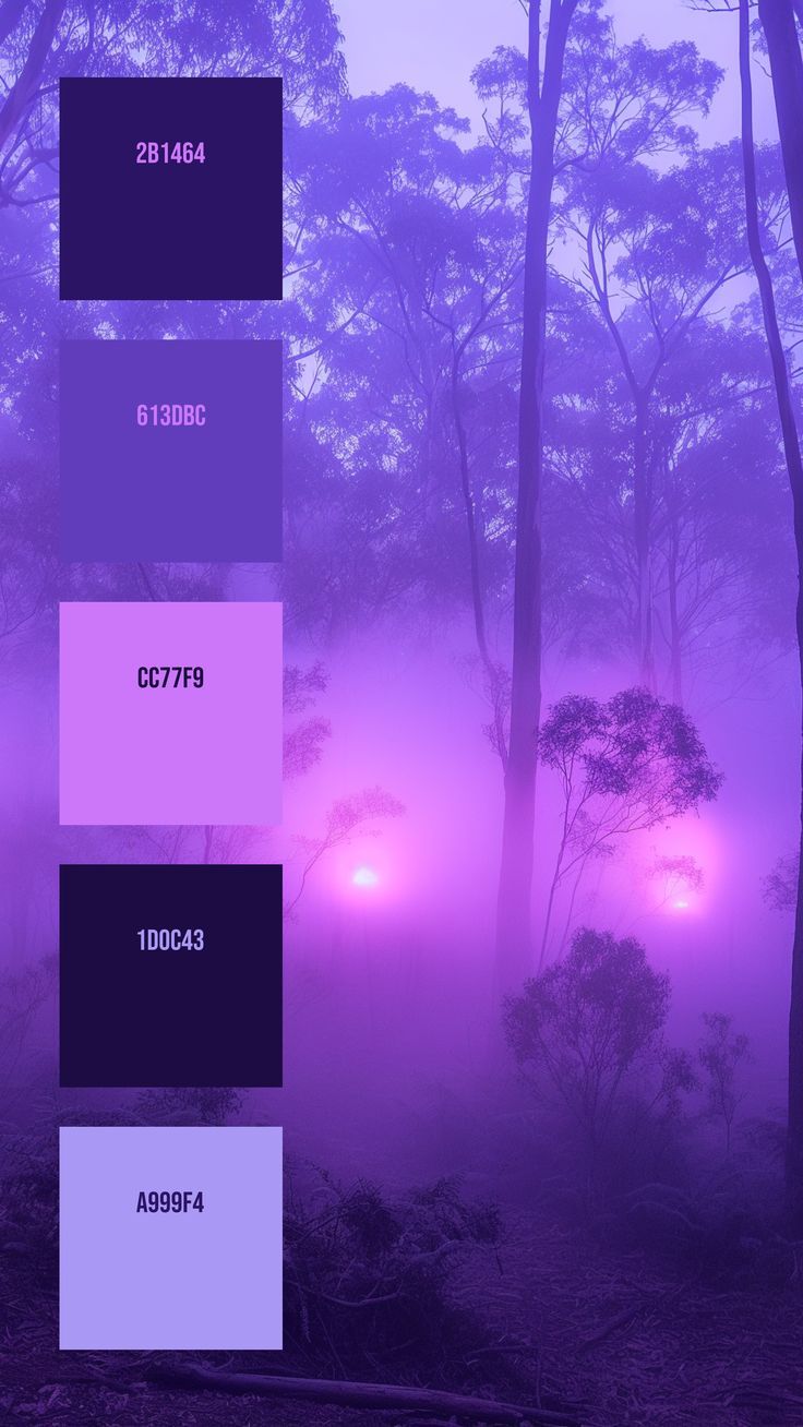 purple hues in the woods with trees and fog around them for an interesting color scheme