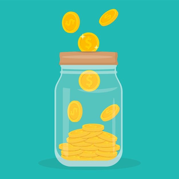 a jar filled with gold coins on top of a blue background and the lid is open