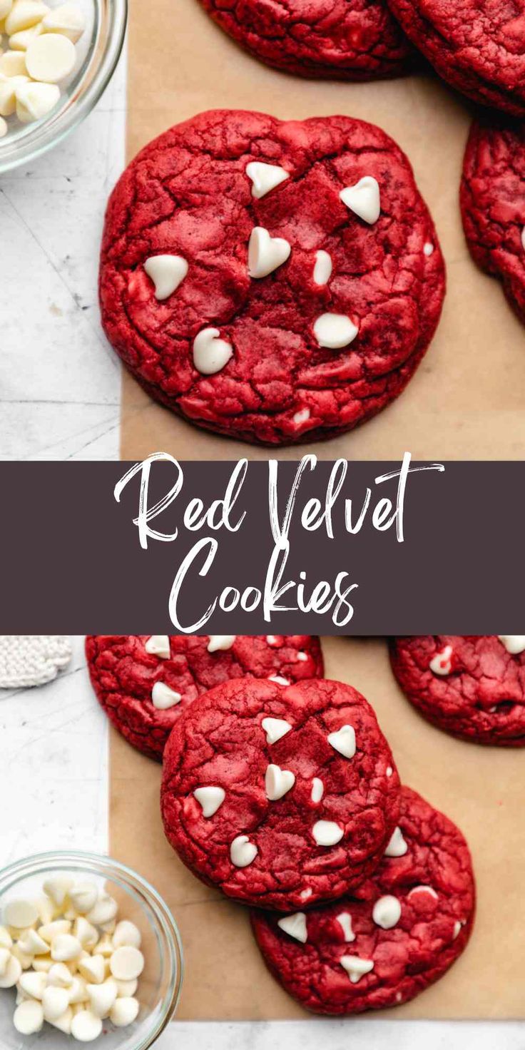 red velvet cookies with white chocolate chips on a plate