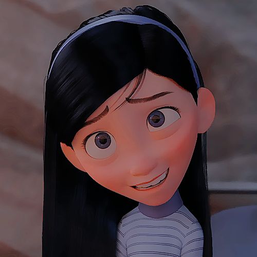 an animated girl with long black hair and blue eyes smiles at the camera while wearing a striped shirt