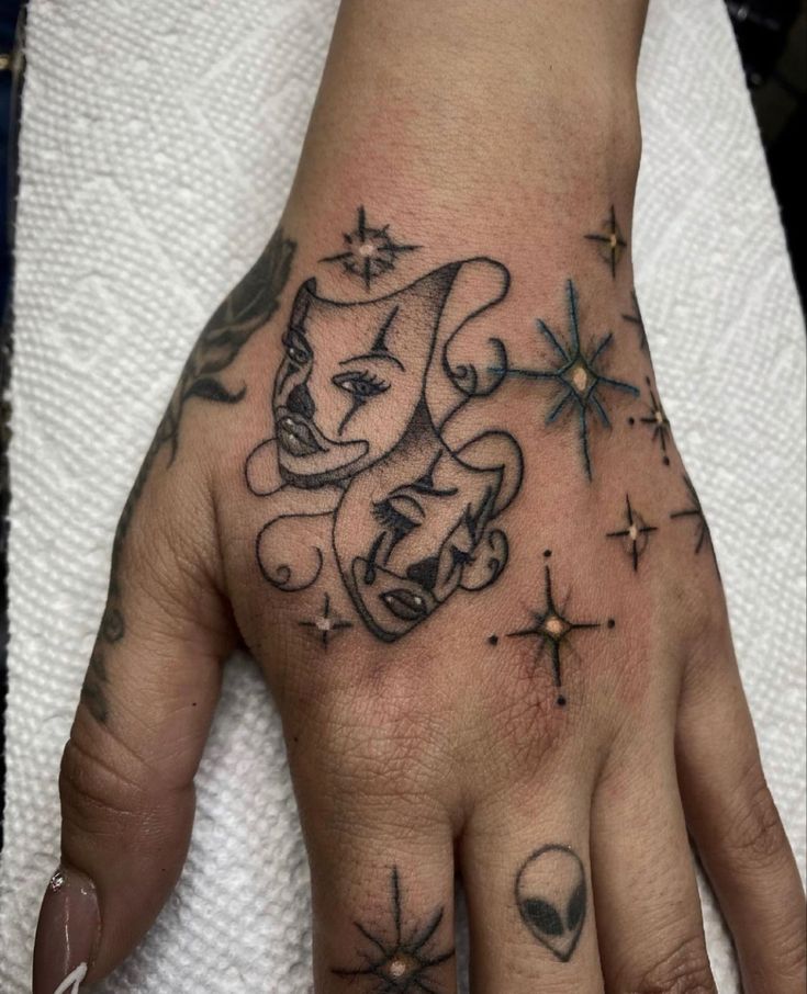 a person's hand with tattoos on it and stars around the wrist, which has an image of a cat