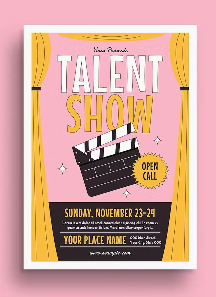 the talent show flyer is displayed on a pink background