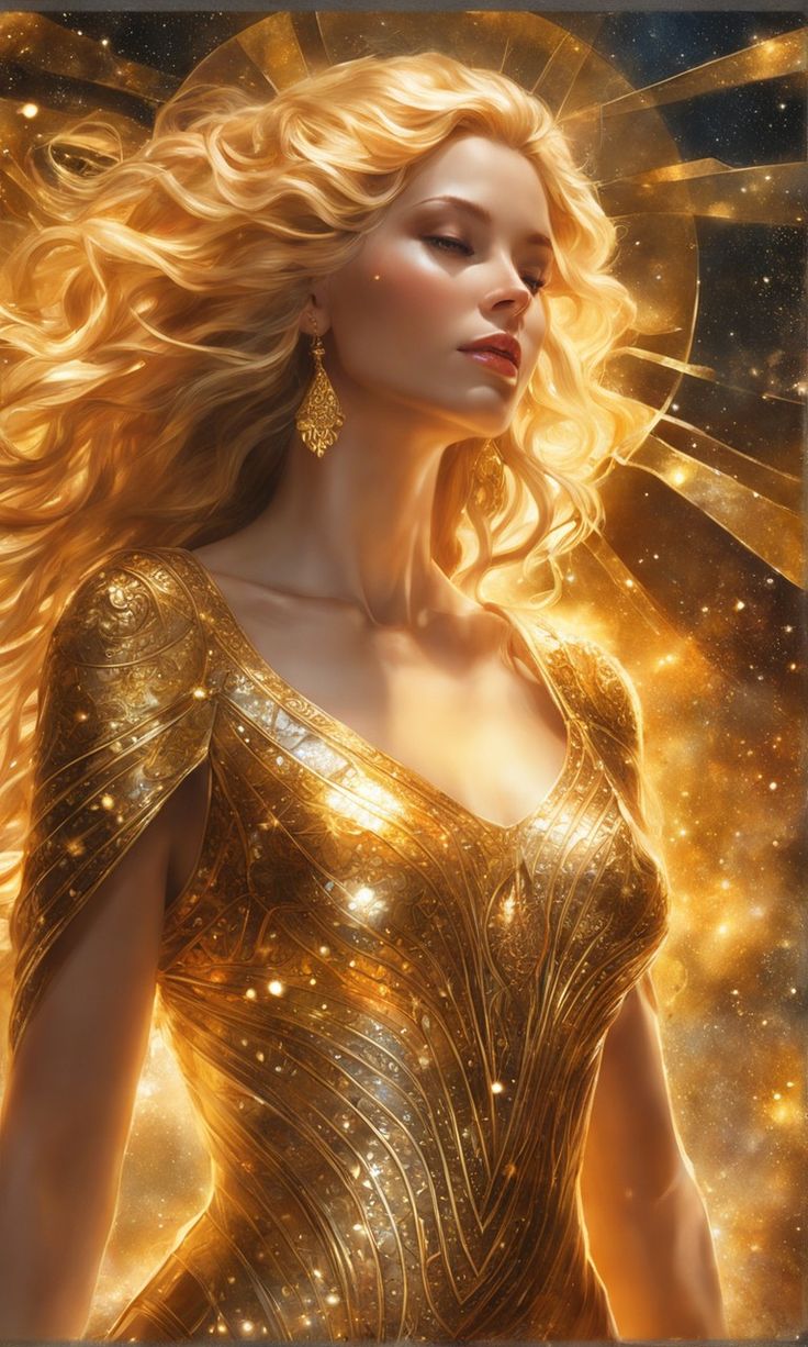 a woman with long blonde hair and gold dress standing in front of a star filled sky