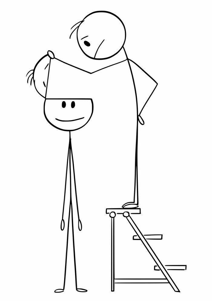 a drawing of a man standing next to a stair case with his head in the air