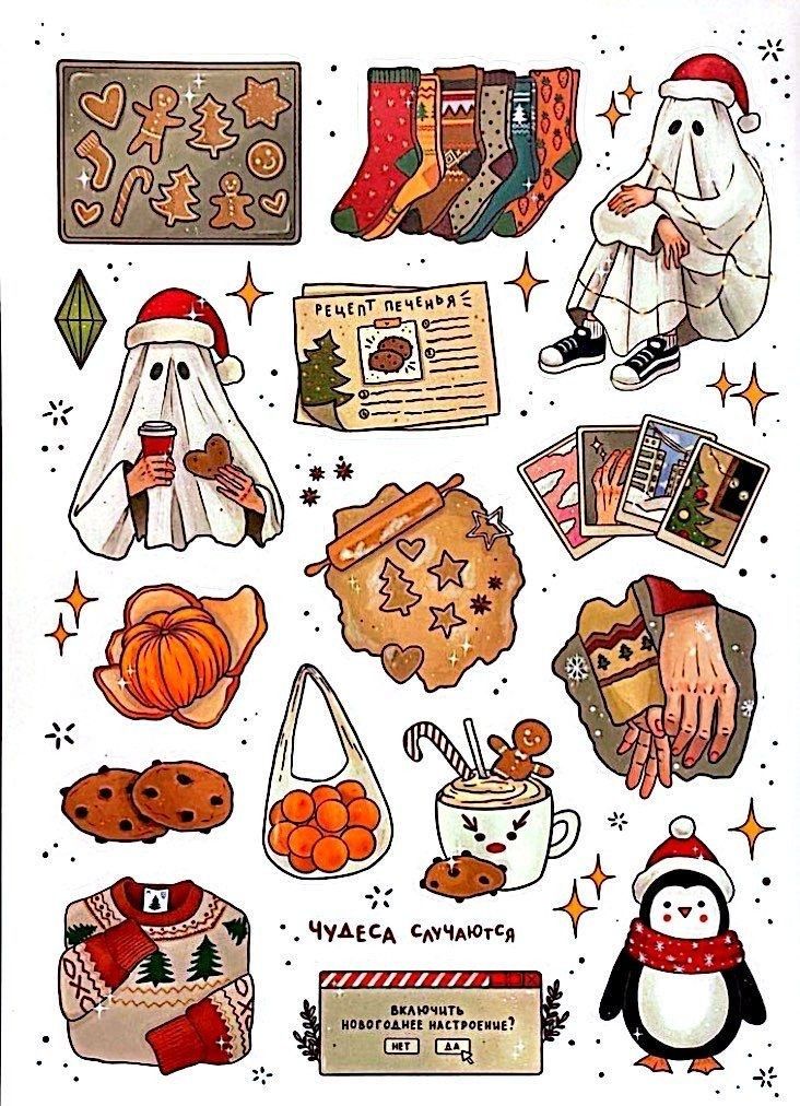 an image of christmas stickers on the back of a phone case with santa claus and other holiday related items