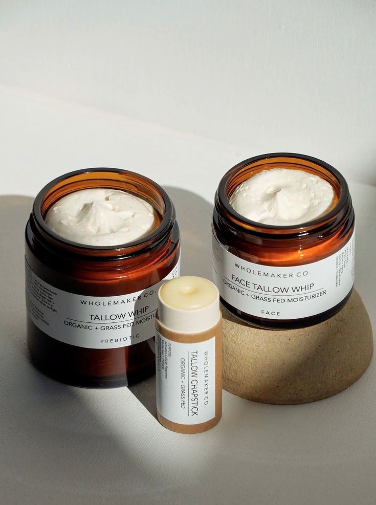 Our Best Seller Set + Bundle is here to make your decision easy! If you're new to WholeMaker Co. or interested in Tallow Skincare, this set is for you. The Prebiotic Tallow Whip is so versatile, making it our favorite (and best selling) all-purpose balm. Great as a simple everyday moisturizer, it is gentle enough for babies sensitive skin + healing for those with skin irritations like eczema + psoriasis. Use on hands, feet, elbows, skin concerns + full body. The Face Tallow Whip helps soften fine lines, scarring + evens skin tone, while helping promote collagen + cell regeneration. Apply onto clean, damp skin in the morning and/or evenings for a nourished + moisturized complexion. The Tallow Chapstick carries clean + minimal ingredients. It's moisturizing, promotes healing, repairs damaged Tallow Balm Recipe, Salve Packaging, Tallow Chapstick, Tallow Skin Care, Skincare Photos, Tallow Face Cream, Tallow Recipe, Tallow Balm, Face Balm