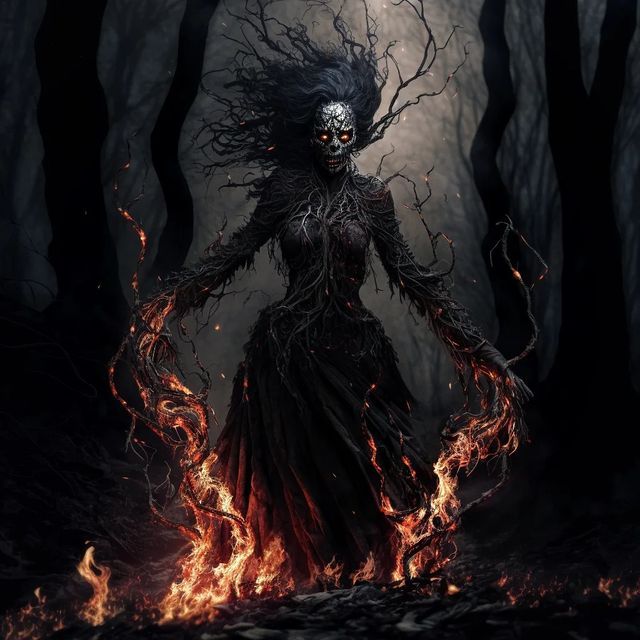 a woman with long hair and makeup is standing in the woods, surrounded by fire