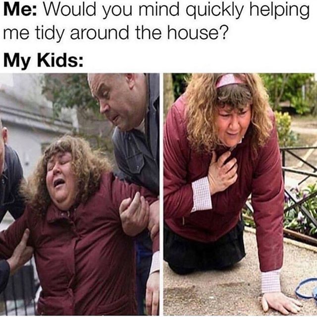 How many times has this happened to you?  Knowing how to respond to these type of antics takes mad skills but I trust you can do it! The keyword is RESPOND. Learn how to respond to the unhappy behavior they are demonstrating as opposed to reacting to the story you have about why they are acting up. Lets use this meme for example: Child is protesting doing her chores. End of story. It doesnt mean you have failed as a parent by raising a lazy ungrateful brat of a kid. It doesnt mean you have to cl Parenting Memes, Memes Br, Fresh Memes, Memes Humor, Parenting Humor, Powerlifting, Best Funny Pictures, Dankest Memes, I Laughed