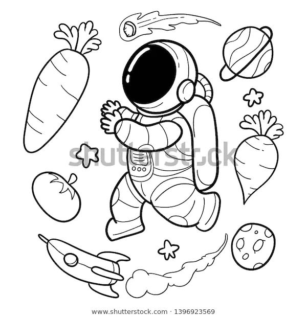 an astronaut floating in space with carrots and other objects around him, outlined on a white