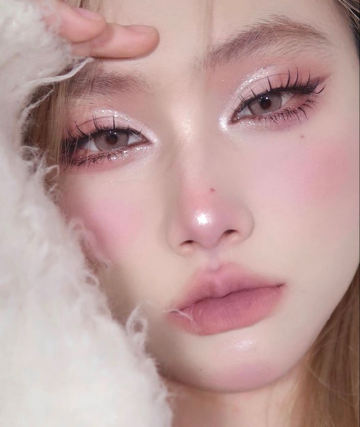 Pink And White Eye Makeup, Pink Makeup Asian, Pink Doyun Makeup, Douyin Makeup White Person, Pink Princess Makeup, Snowy Makeup, Pink Sparkly Makeup, Pink White Makeup, Pink Douyin Makeup