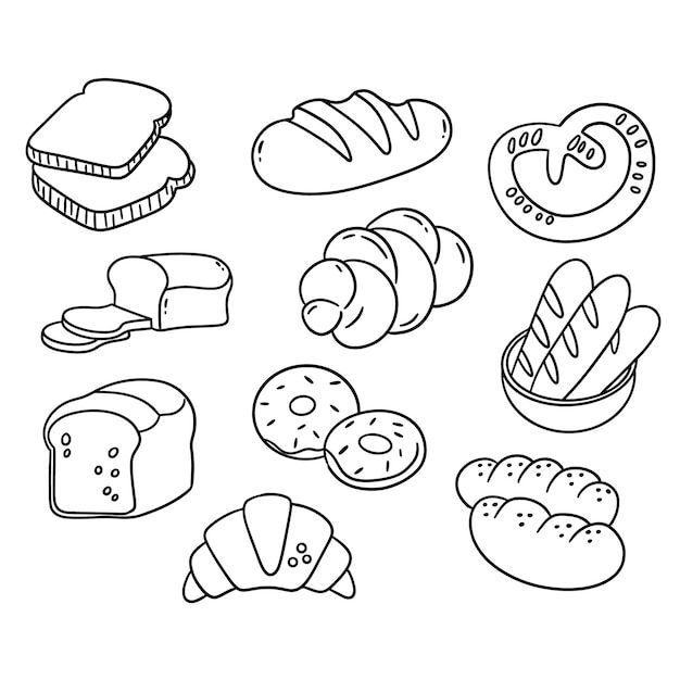 different types of breads and pastries are shown in this black and white drawing