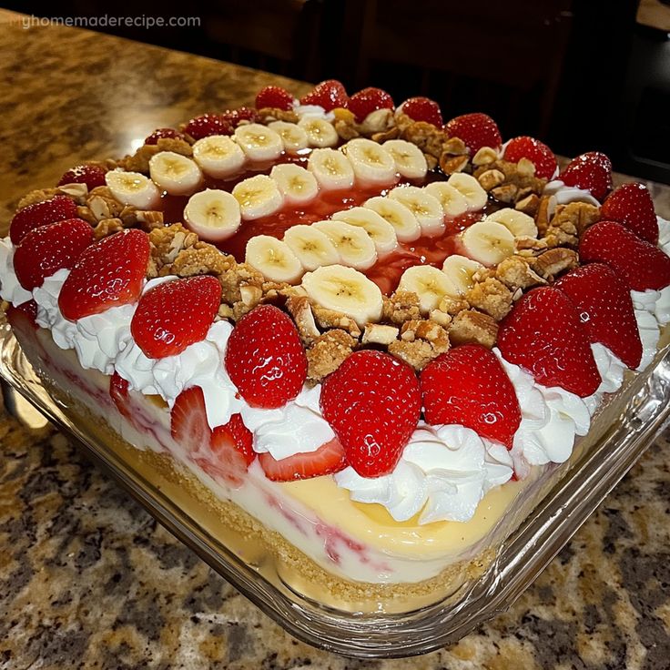 there is a cake that has bananas and strawberries on it