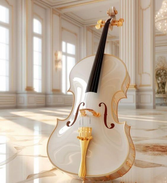 a white violin sitting on top of a marble floor