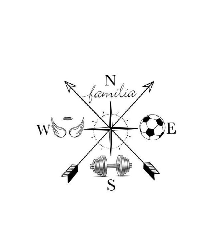 a compass with arrows and soccer balls on it, as well as the word's name