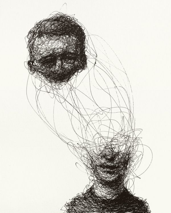 a black and white drawing of a person's head