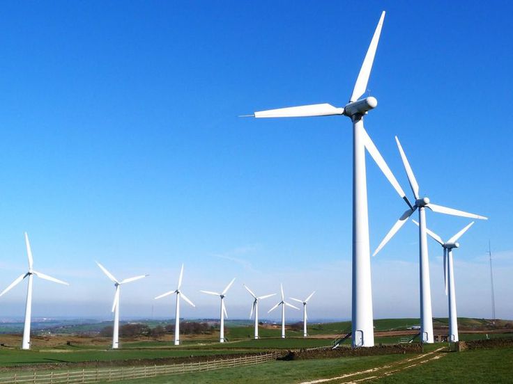 several windmills in a field with blue sky and green grass on either side of them