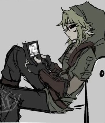 an anime character sitting on a chair holding a book