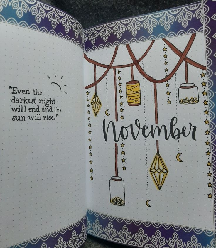 an open notebook with the words november written in cursive writing on it and hanging decorations