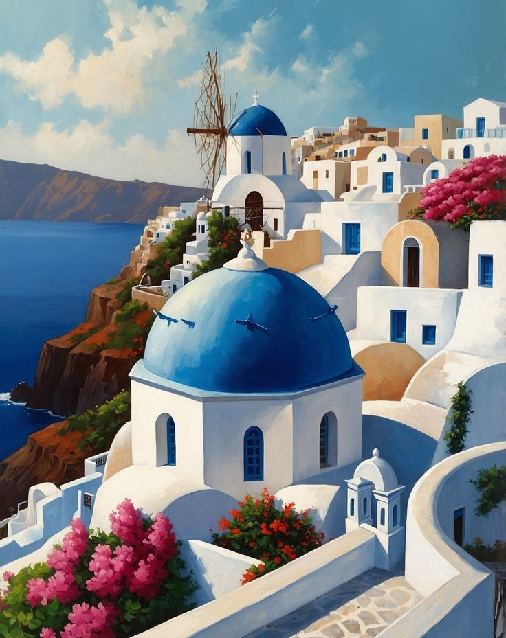 an oil painting of a blue domed building with white buildings and flowers in the foreground