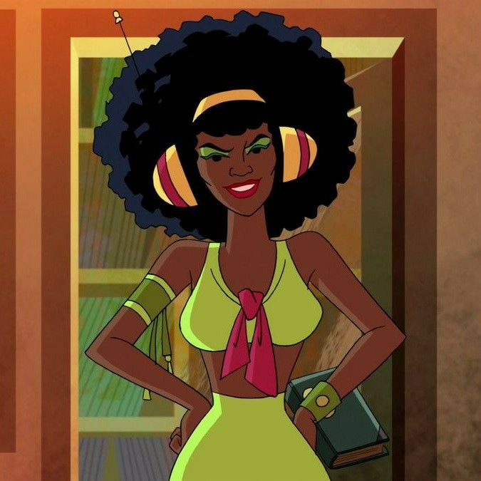 an animated image of a woman in a yellow dress with headphones on her ears