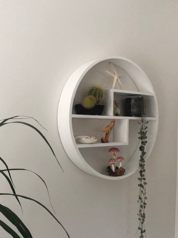 a white round shelf with plants and other items on it next to a potted plant