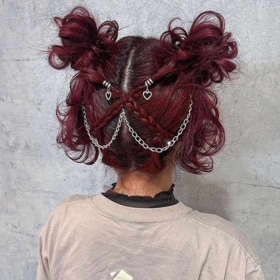 Hairstyles With Ball Hair Ties, Braid And Claw Clip, Festival Hair Slick Back, Short Hairstyles With Accessories, Punk Half Up Half Down Hair, Curly Hair Colored Tips, Hairstyles For Growing Out Undercut, Crazy Hair Day High School, Fae Aesthetic Hairstyles