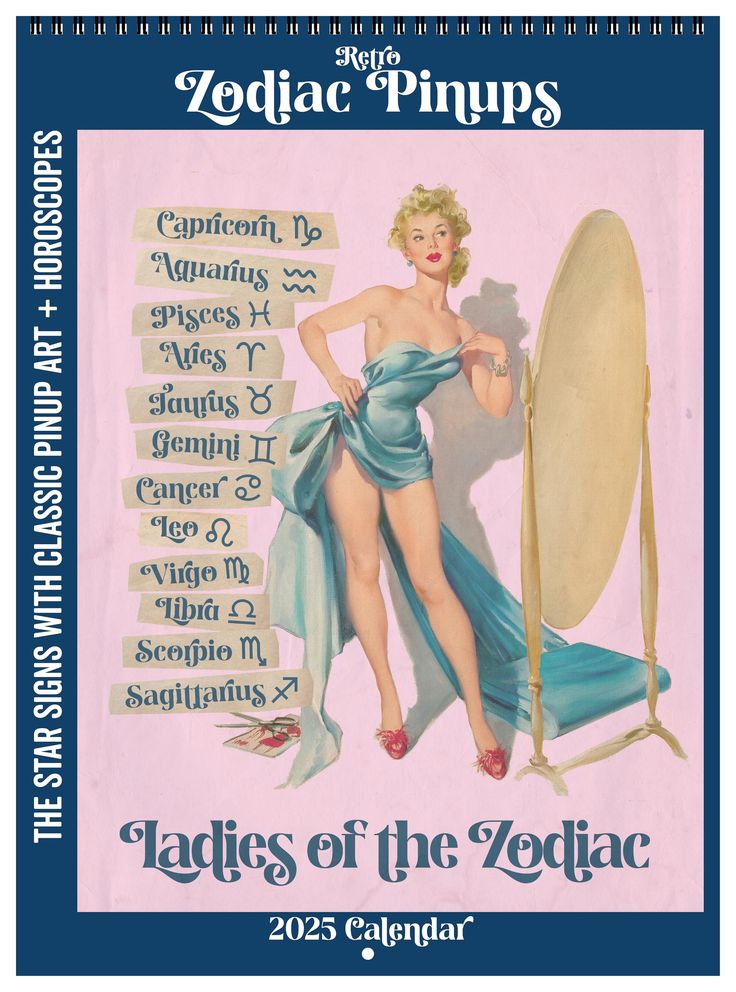 an advertisement for zodiac pinups featuring a woman in a blue dress