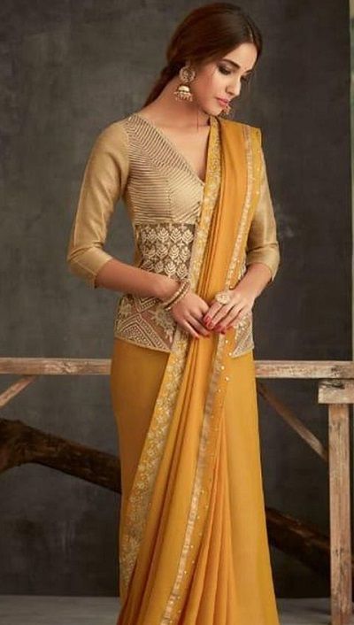 45 Latest Long Length Blouse Designs for Sarees and Lehengas (2021) Saree With Long Blouse, Long Blouse Design, Lehengas 2023, Long Saree Blouse, Orange Colour Saree, Long Saree Blouse Designs, Long Blouse Saree, Long Sleeve Blouse Designs, Print Blouse Design